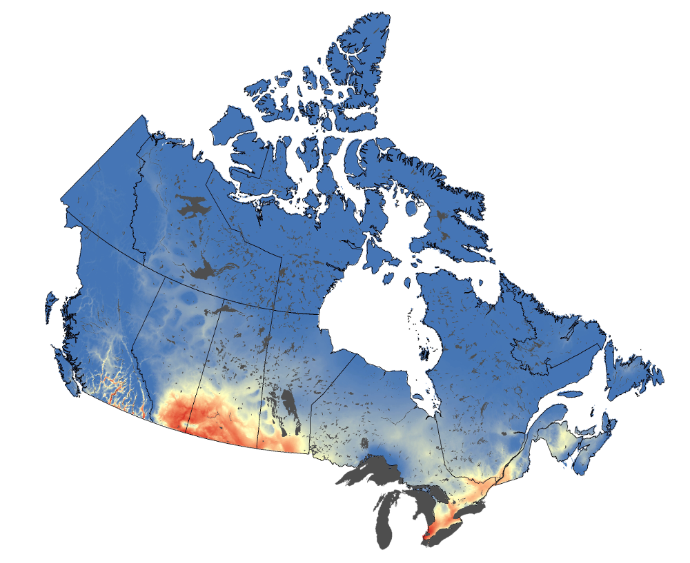 Map of +30°C days in Canada, 2051-2080, under High Carbon scenario